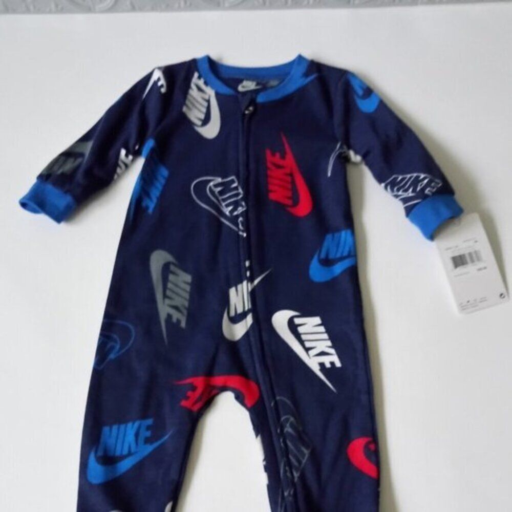 Nike Baby All-over Logo Print One Piece Navy Zip Footed Sleep & Play 6 Months - Picture 3 of 6